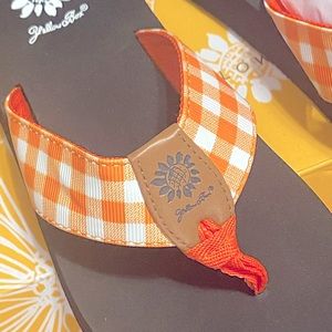 Yellow box flip flops 7.5, NWT, Orange and White.